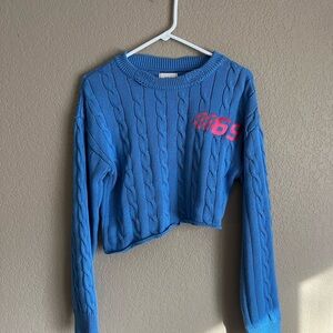 BDG Distressed Crop Blue Cable Knit Sweater with Red Accent
